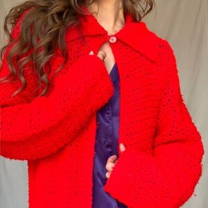 Bright Red Handmade Chunky Cardigan Sweater
